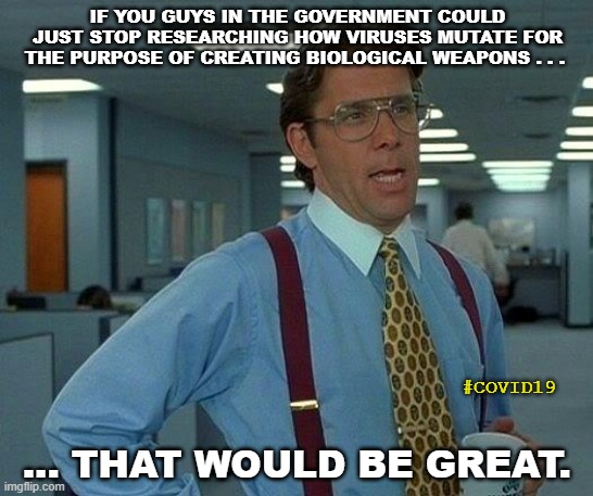 That Would Be Great | IF YOU GUYS IN THE GOVERNMENT COULD JUST STOP RESEARCHING HOW VIRUSES MUTATE FOR THE PURPOSE OF CREATING BIOLOGICAL WEAPONS . . . ... THAT WOULD BE GREAT. #COVID19 | image tagged in memes,that would be great | made w/ Imgflip meme maker