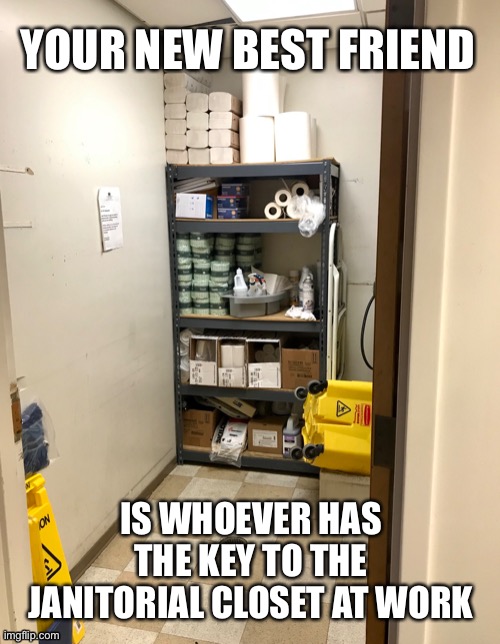 Janitor friends | YOUR NEW BEST FRIEND; IS WHOEVER HAS THE KEY TO THE JANITORIAL CLOSET AT WORK | image tagged in janitor | made w/ Imgflip meme maker