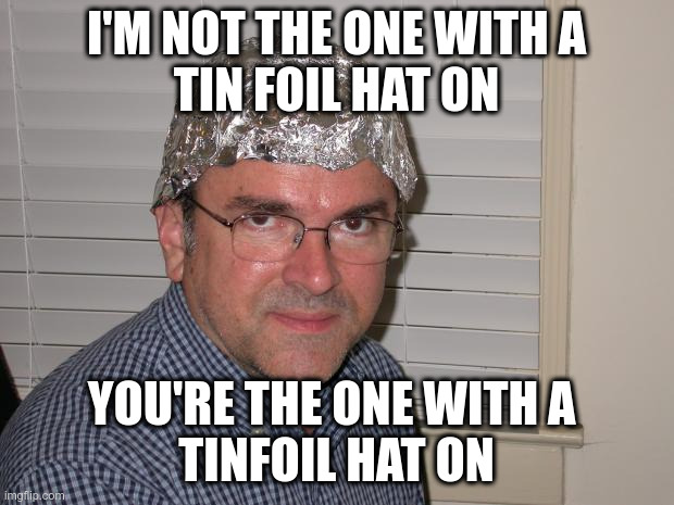 Tin foil hat | I'M NOT THE ONE WITH A
TIN FOIL HAT ON; YOU'RE THE ONE WITH A 
TINFOIL HAT ON | image tagged in tin foil hat | made w/ Imgflip meme maker