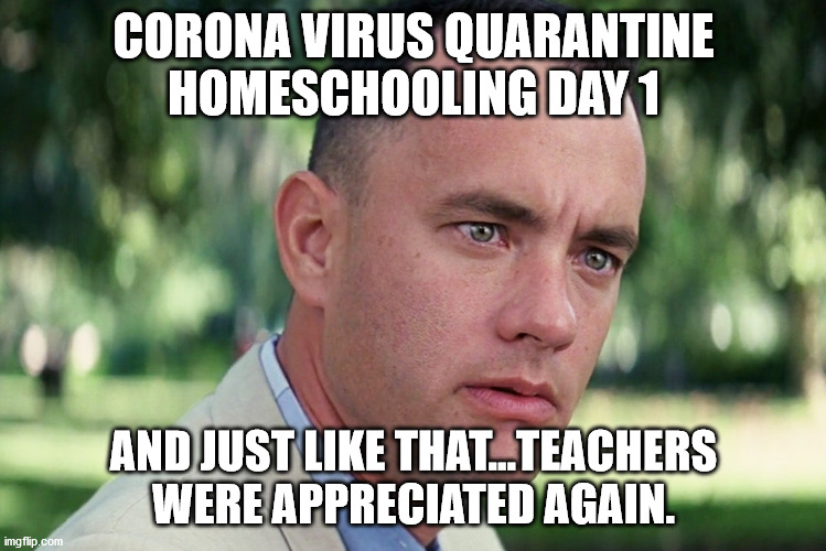 And Just Like That | CORONA VIRUS QUARANTINE HOMESCHOOLING DAY 1; AND JUST LIKE THAT...TEACHERS WERE APPRECIATED AGAIN. | image tagged in memes,and just like that | made w/ Imgflip meme maker