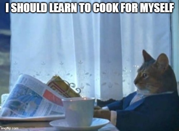 I Should Buy A Boat Cat Meme | I SHOULD LEARN TO COOK FOR MYSELF | image tagged in memes,i should buy a boat cat,AdviceAnimals | made w/ Imgflip meme maker