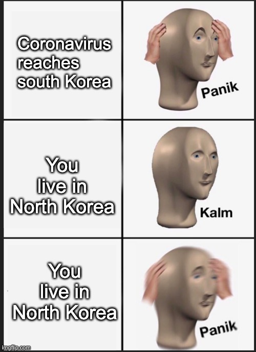 Panik Kalm Panik | Coronavirus reaches south Korea; You live in North Korea; You live in North Korea | image tagged in panik kalm | made w/ Imgflip meme maker
