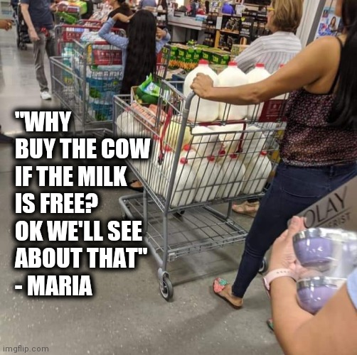 FOOD FOR THOUGHT | "WHY BUY THE COW IF THE MILK IS FREE? OK WE'LL SEE 
ABOUT THAT"
- MARIA | image tagged in got milk,coronavirus,food memes | made w/ Imgflip meme maker
