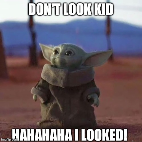 Baby Yoda | DON'T LOOK KID; HAHAHAHA I LOOKED! | image tagged in baby yoda | made w/ Imgflip meme maker