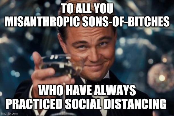 Leonardo Dicaprio Cheers | TO ALL YOU MISANTHROPIC SONS-OF-BITCHES; WHO HAVE ALWAYS PRACTICED SOCIAL DISTANCING | image tagged in memes,leonardo dicaprio cheers,misanthropic,social distancing | made w/ Imgflip meme maker