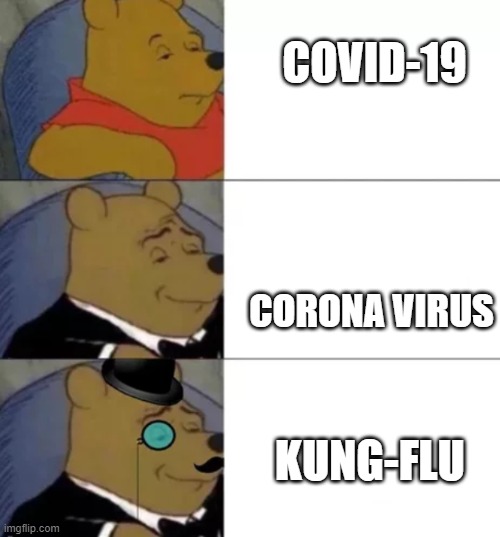 Fancy pooh | COVID-19; CORONA VIRUS; KUNG-FLU | image tagged in fancy pooh | made w/ Imgflip meme maker