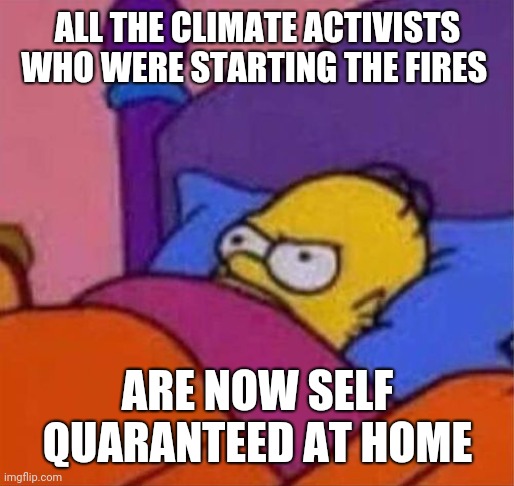angry homer simpson in bed | ALL THE CLIMATE ACTIVISTS WHO WERE STARTING THE FIRES ARE NOW SELF QUARANTEED AT HOME | image tagged in angry homer simpson in bed | made w/ Imgflip meme maker