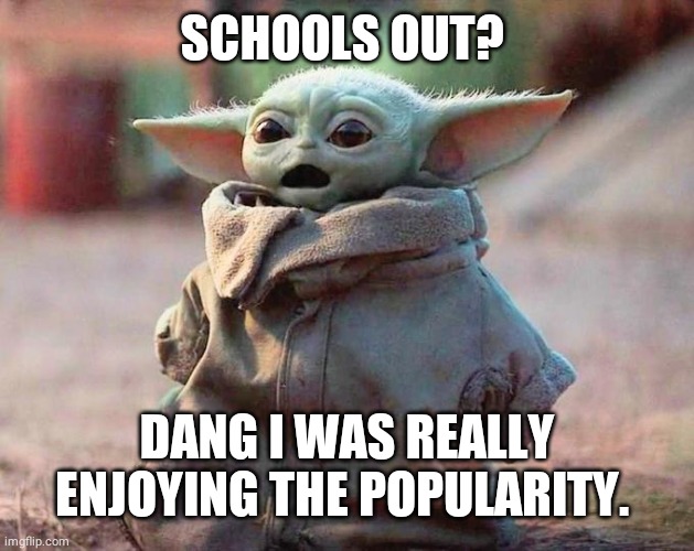 Surprised Baby Yoda | SCHOOLS OUT? DANG I WAS REALLY ENJOYING THE POPULARITY. | image tagged in surprised baby yoda | made w/ Imgflip meme maker