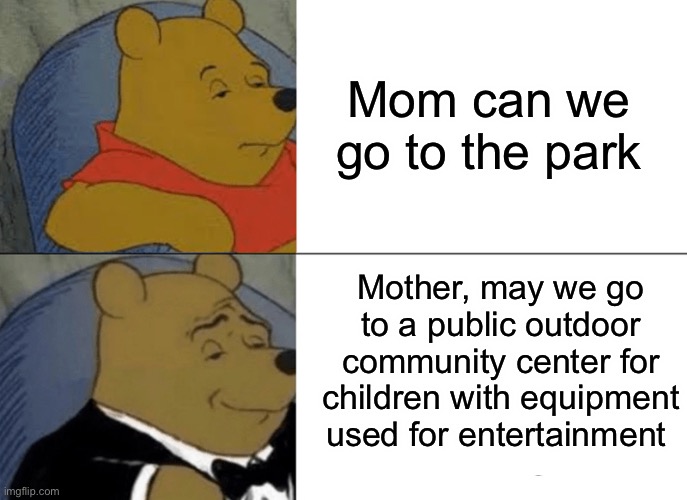Tuxedo Winnie The Pooh Meme | Mom can we go to the park; Mother, may we go to a public outdoor community center for children with equipment used for entertainment | image tagged in memes,tuxedo winnie the pooh | made w/ Imgflip meme maker