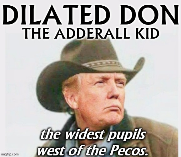DILATED DON; THE ADDERALL KID; the widest pupils west of the Pecos. | image tagged in trump,pills,drugs,drug addiction | made w/ Imgflip meme maker