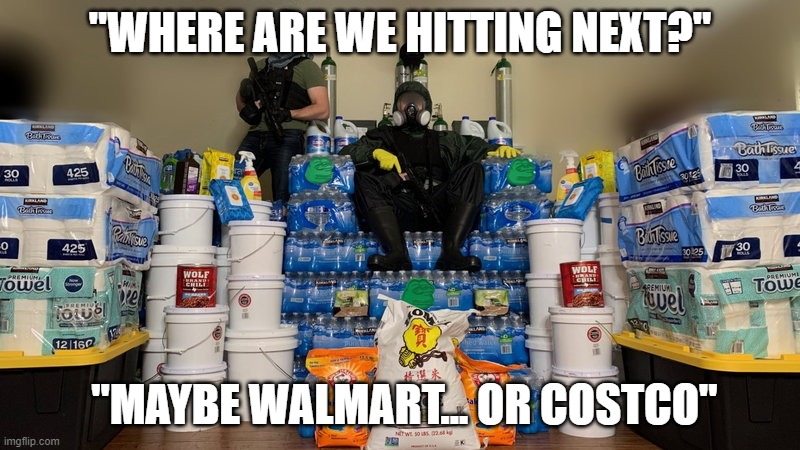 "WHERE ARE WE HITTING NEXT?"; "MAYBE WALMART... OR COSTCO" | image tagged in toilet paper,hoarding | made w/ Imgflip meme maker