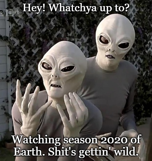 Aliens | Hey! Whatchya up to? Watching season 2020 of Earth. Shit's gettin' wild. | image tagged in aliens | made w/ Imgflip meme maker