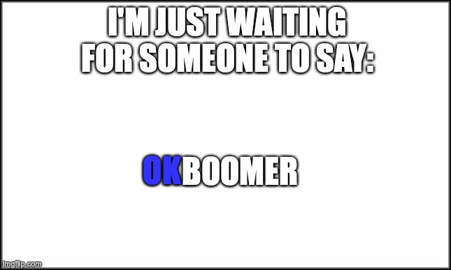 I'M JUST WAITING FOR SOMEONE TO SAY: OK BOOMER | image tagged in plain white | made w/ Imgflip meme maker