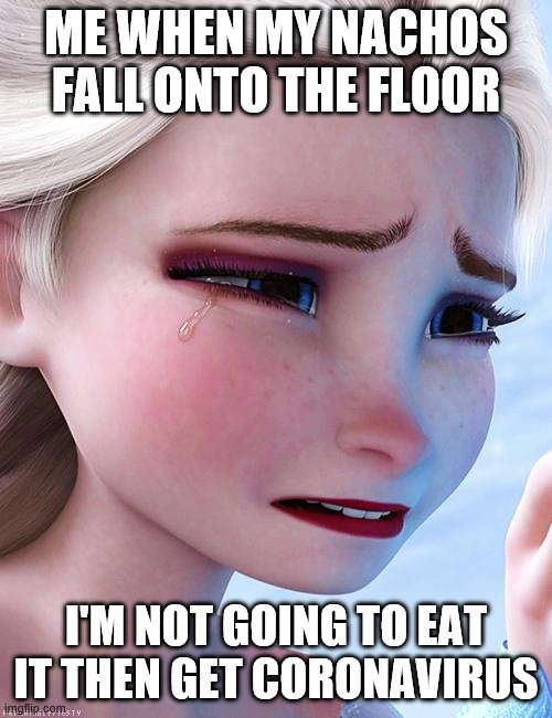 Elsa crying over ..... | ME WHEN MY NACHOS FALL ONTO THE FLOOR; I'M NOT GOING TO EAT IT THEN GET CORONAVIRUS | image tagged in elsa crying over | made w/ Imgflip meme maker