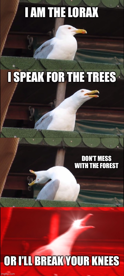 He should apply for forester lol | I AM THE LORAX; I SPEAK FOR THE TREES; DON’T MESS WITH THE FOREST; OR I’LL BREAK YOUR KNEES | image tagged in memes,inhaling seagull | made w/ Imgflip meme maker
