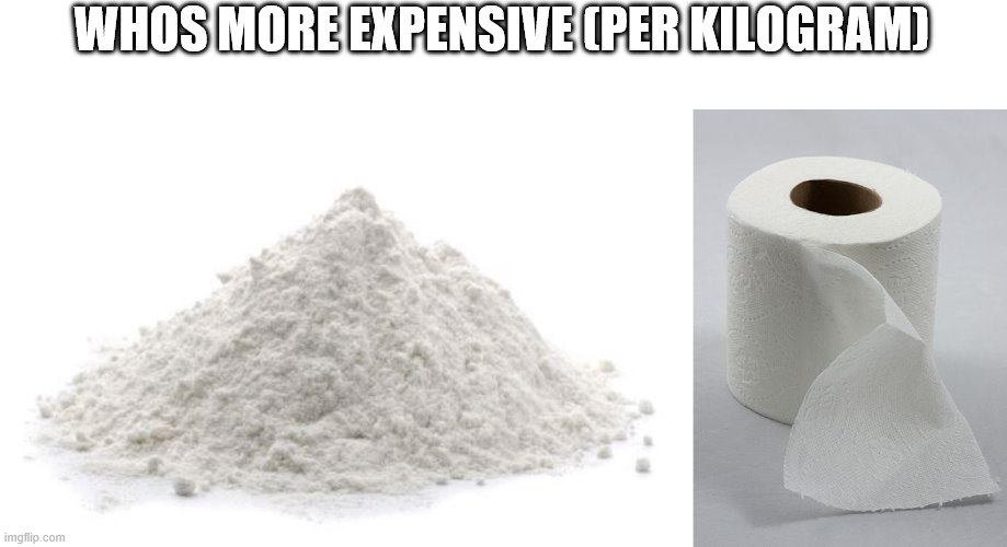 toilet paper vs cocaine | WHOS MORE EXPENSIVE (PER KILOGRAM) | image tagged in toilet paper,powder,cocaine | made w/ Imgflip meme maker