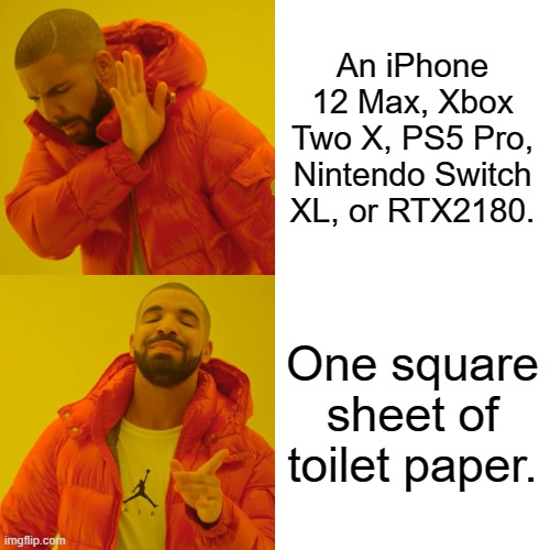 How to flex in 2020: | An iPhone 12 Max, Xbox Two X, PS5 Pro, Nintendo Switch XL, or RTX2180. One square sheet of toilet paper. | image tagged in memes,drake hotline bling,coronavirus,corona virus,toilet paper | made w/ Imgflip meme maker