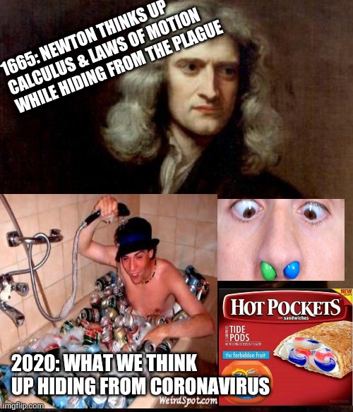 We Has The Dumb | 1665: NEWTON THINKS UP CALCULUS & LAWS OF MOTION WHILE HIDING FROM THE PLAGUE; 2020: WHAT WE THINK UP HIDING FROM CORONAVIRUS | image tagged in coronavirus,plague,sir isaac newton | made w/ Imgflip meme maker