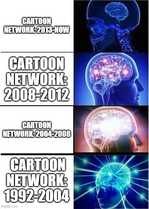 Expanding Brain Meme |  CARTOON NETWORK: 2013-NOW; CARTOON NETWORK: 2008-2012; CARTOON NETWORK: 2004-2008; CARTOON NETWORK: 1992-2004 | image tagged in memes,expanding brain,cartoon network | made w/ Imgflip meme maker