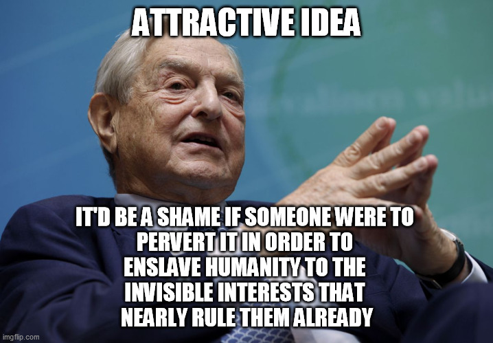 George Soros | ATTRACTIVE IDEA IT'D BE A SHAME IF SOMEONE WERE TO 
PERVERT IT IN ORDER TO 
ENSLAVE HUMANITY TO THE 
INVISIBLE INTERESTS THAT 
NEARLY RULE T | image tagged in george soros | made w/ Imgflip meme maker