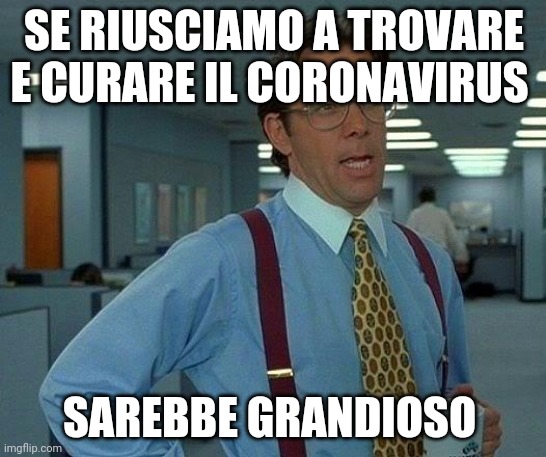 Mi dispiace per l'Italia | SE RIUSCIAMO A TROVARE E CURARE IL CORONAVIRUS; SAREBBE GRANDIOSO | image tagged in memes,that would be great | made w/ Imgflip meme maker