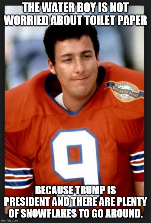 The waterboy | THE WATER BOY IS NOT WORRIED ABOUT TOILET PAPER; BECAUSE TRUMP IS PRESIDENT AND THERE ARE PLENTY OF SNOWFLAKES TO GO AROUND. | image tagged in the waterboy | made w/ Imgflip meme maker