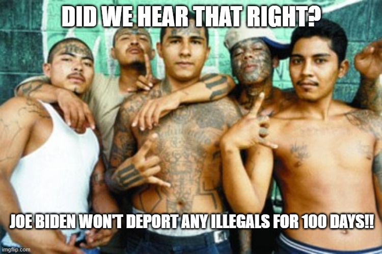 mexican gang members | DID WE HEAR THAT RIGHT? JOE BIDEN WON'T DEPORT ANY ILLEGALS FOR 100 DAYS!! | image tagged in mexican gang members | made w/ Imgflip meme maker