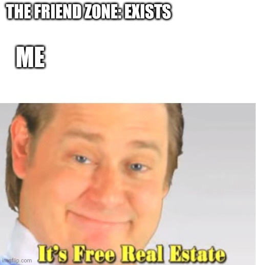 It's Free Real Estate | THE FRIEND ZONE: EXISTS; ME | image tagged in it's free real estate | made w/ Imgflip meme maker