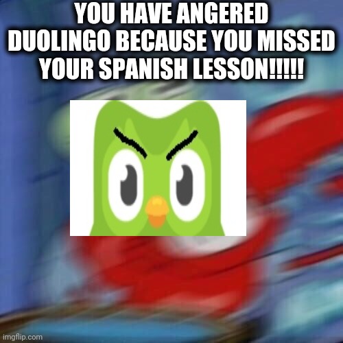 You May Want To Beg For Mercy In Spanish | YOU HAVE ANGERED DUOLINGO BECAUSE YOU MISSED YOUR SPANISH LESSON!!!!! | image tagged in mr krabs blur | made w/ Imgflip meme maker