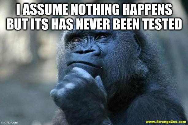 Deep Thoughts | I ASSUME NOTHING HAPPENS BUT IT HAS NEVER BEEN TESTED | image tagged in deep thoughts | made w/ Imgflip meme maker