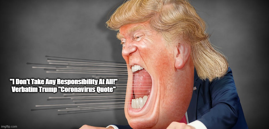 Verbatim Trump Quote Concerning The Coronavirus Pandemic: "I Don't Take Any Responsibility At All!" | "I Don't Take Any Responsibility At All!"
Verbatim Trump "Coronavirus Quote" | image tagged in trump coronavirus response,trump takes no responsibility,trump quote,the buck stops anywhere but trump's person,the buck stops a | made w/ Imgflip meme maker
