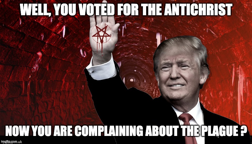 Trump antichrist | WELL, YOU VOTED FOR THE ANTICHRIST; NOW YOU ARE COMPLAINING ABOUT THE PLAGUE ? | image tagged in donald trump,antichrist,douchebag | made w/ Imgflip meme maker