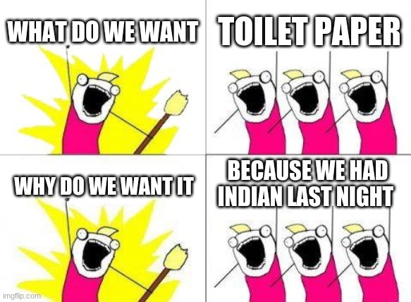 what do we want | WHAT DO WE WANT; TOILET PAPER; BECAUSE WE HAD INDIAN LAST NIGHT; WHY DO WE WANT IT | image tagged in memes,what do we want | made w/ Imgflip meme maker