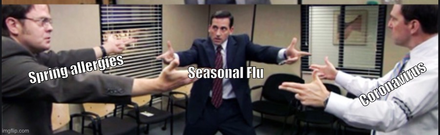 The Office three way gun fight | Seasonal Flu; Coronavirus; Spring allergies | image tagged in the office three way gun fight | made w/ Imgflip meme maker