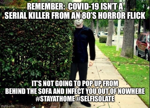Michael Myers Bush Stalking | REMEMBER:  COVID-19 ISN’T A SERIAL KILLER FROM AN 80’S HORROR FLICK; IT’S NOT GOING TO POP UP FROM BEHIND THE SOFA AND INFECT YOU OUT OF NOWHERE
#STAYATHOME #SELFISOLATE | image tagged in michael myers bush stalking | made w/ Imgflip meme maker