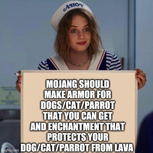 Robin Stranger Things Meme | MOJANG SHOULD MAKE ARMOR FOR DOGS/CAT/PARROT THAT YOU CAN GET AND ENCHANTMENT THAT PROTECTS YOUR DOG/CAT/PARROT FROM LAVA | image tagged in robin stranger things meme | made w/ Imgflip meme maker