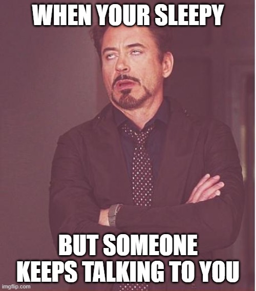 Face You Make Robert Downey Jr Meme | WHEN YOUR SLEEPY; BUT SOMEONE KEEPS TALKING TO YOU | image tagged in memes,face you make robert downey jr | made w/ Imgflip meme maker