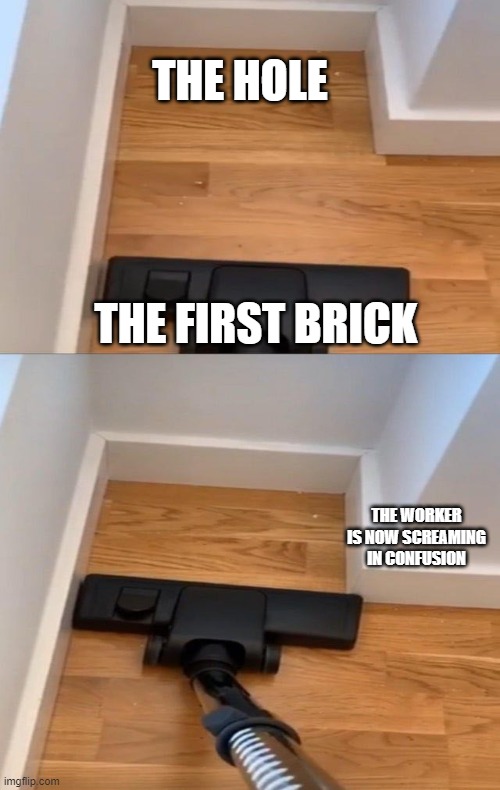 Vacuum Cleaner Does Not Fit | THE HOLE THE FIRST BRICK THE WORKER IS NOW SCREAMING IN CONFUSION | image tagged in vacuum cleaner does not fit | made w/ Imgflip meme maker