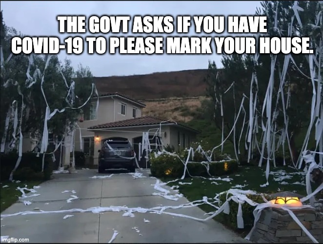 THE GOVT ASKS IF YOU HAVE COVID-19 TO PLEASE MARK YOUR HOUSE. | image tagged in coronavirus,corona,covid-19,toilet paper | made w/ Imgflip meme maker