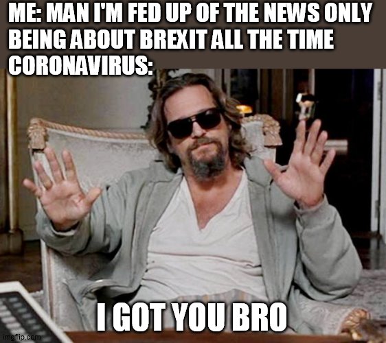 I got this | ME: MAN I'M FED UP OF THE NEWS ONLY 
BEING ABOUT BREXIT ALL THE TIME
CORONAVIRUS:; I GOT YOU BRO | image tagged in i got this | made w/ Imgflip meme maker