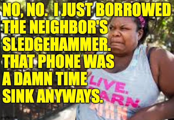 NO, NO.  I JUST BORROWED
THE NEIGHBOR'S
SLEDGEHAMMER.
THAT PHONE WAS
A DAMN TIME
SINK ANYWAYS. | made w/ Imgflip meme maker