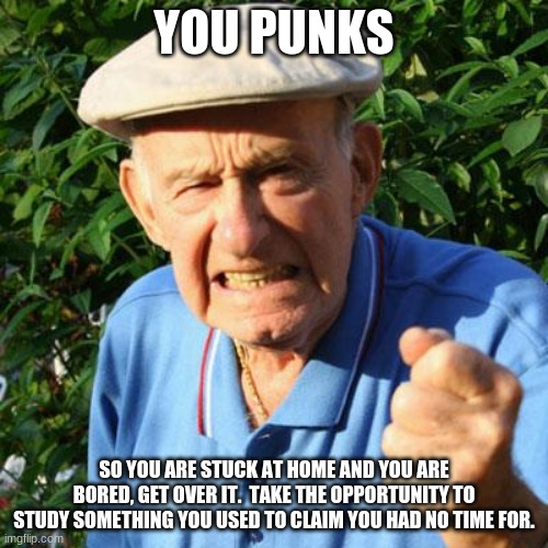 Listen to the old guy | YOU PUNKS; SO YOU ARE STUCK AT HOME AND YOU ARE BORED, GET OVER IT.  TAKE THE OPPORTUNITY TO STUDY SOMETHING YOU USED TO CLAIM YOU HAD NO TIME FOR. | image tagged in angry old man,you punks,study,learn,use the time,enjoy the break | made w/ Imgflip meme maker