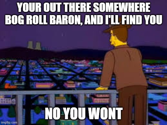 YOUR OUT THERE SOMEWHERE BOG ROLL BARON, AND I'LL FIND YOU; NO YOU WONT | image tagged in no more toilet paper | made w/ Imgflip meme maker