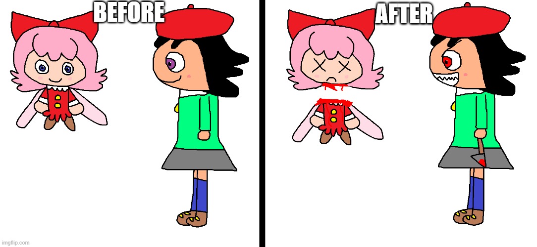 Ado Turns Evil & Kills Ribbon | BEFORE; AFTER | image tagged in adeleine,ribbon,kirby,gore,blood,death | made w/ Imgflip meme maker