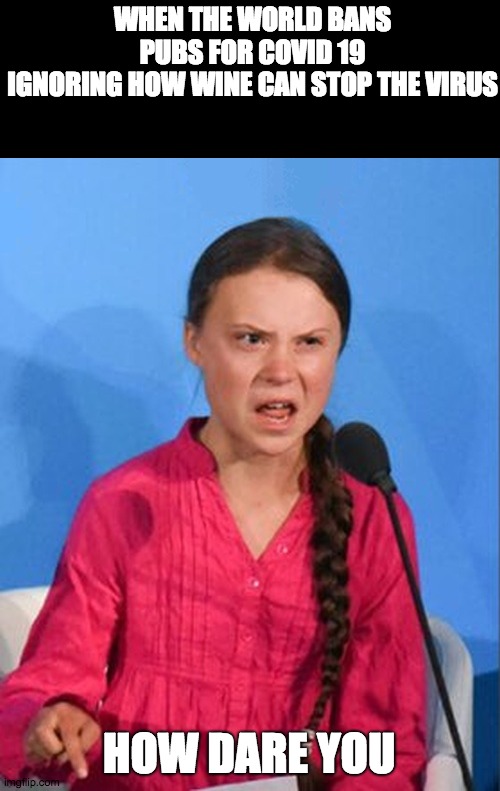 Greta Thunberg how dare you | WHEN THE WORLD BANS PUBS FOR COVID 19
IGNORING HOW WINE CAN STOP THE VIRUS; HOW DARE YOU | image tagged in greta thunberg how dare you | made w/ Imgflip meme maker