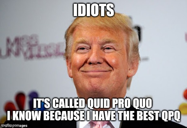 Donald trump approves | IDIOTS IT'S CALLED QUID PRO QUO  I KNOW BECAUSE I HAVE THE BEST QPQ | image tagged in donald trump approves | made w/ Imgflip meme maker