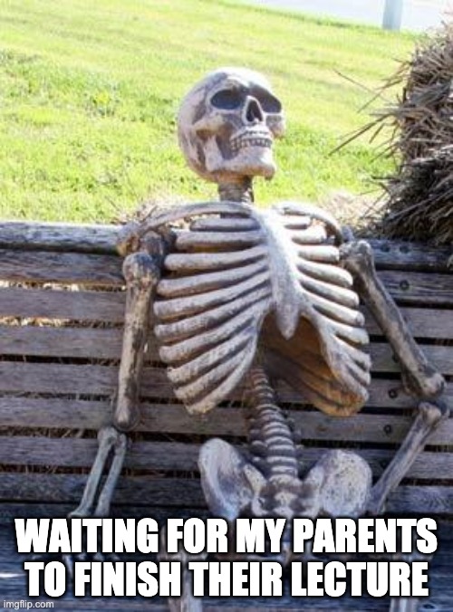 Waiting Skeleton Meme | WAITING FOR MY PARENTS TO FINISH THEIR LECTURE | image tagged in memes,waiting skeleton | made w/ Imgflip meme maker