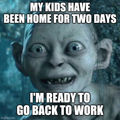 Gollum | MY KIDS HAVE BEEN HOME FOR TWO DAYS; I'M READY TO GO BACK TO WORK | image tagged in memes,gollum | made w/ Imgflip meme maker