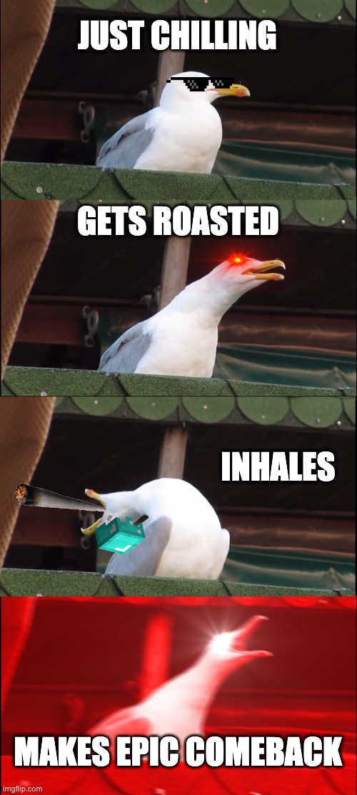 Inhaling Seagull | JUST CHILLING; GETS ROASTED; INHALES; MAKES EPIC COMEBACK | image tagged in memes,inhaling seagull | made w/ Imgflip meme maker