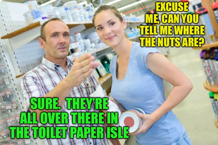 Nuts | EXCUSE ME, CAN YOU TELL ME WHERE THE NUTS ARE? SURE.  THEY’RE ALL OVER THERE IN THE TOILET PAPER ISLE | image tagged in toilet paper,nuts,panic,shopping,coronavirus,memes | made w/ Imgflip meme maker